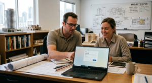 An IT professional and a smiling employee at an architect's desk looking at a laptop two-step verification prompt
