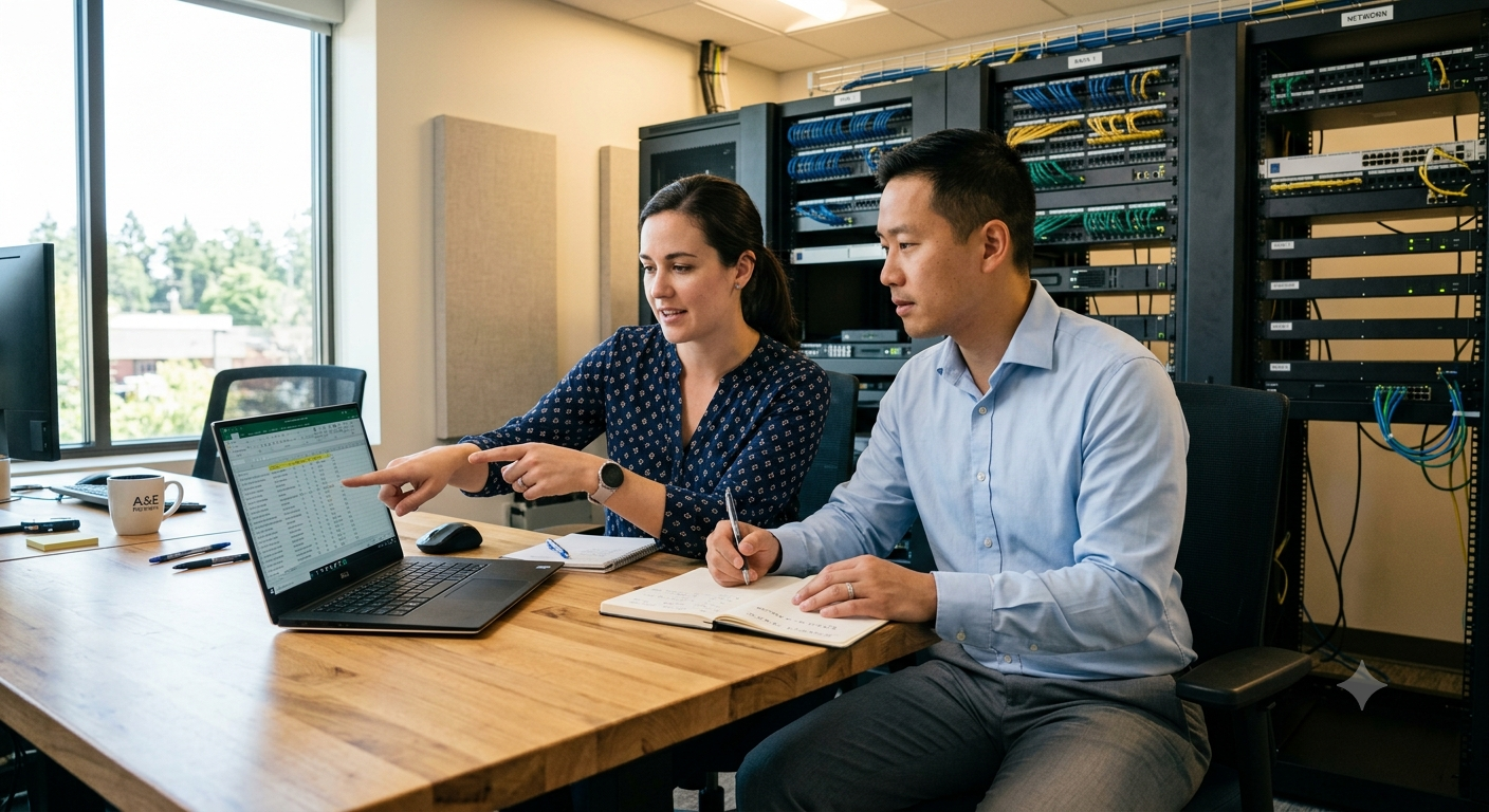 An IT manager at a small engineering firm walking a colleague through server and account documentation on a laptop in a server room
