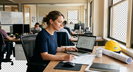 A project engineer at a desk in an engineering office reviews technical drawings on a laptop while working with AI tools open on screen.