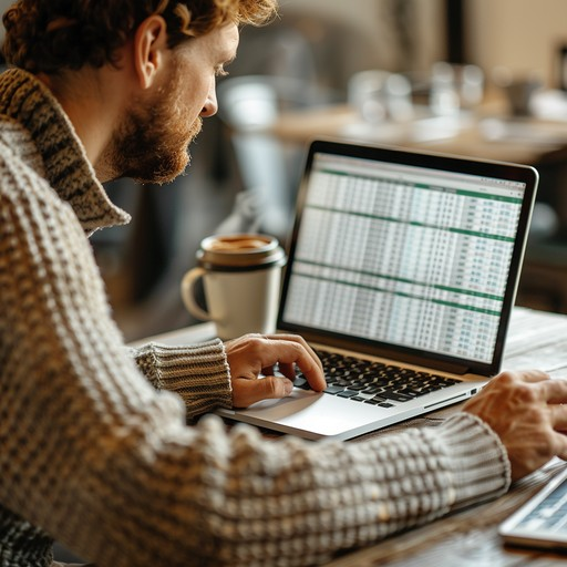 A small-firm owner reviews a printed IT budget spreadsheet at a desk beside a laptop, with rolled construction drawings nearby in a daylit office.